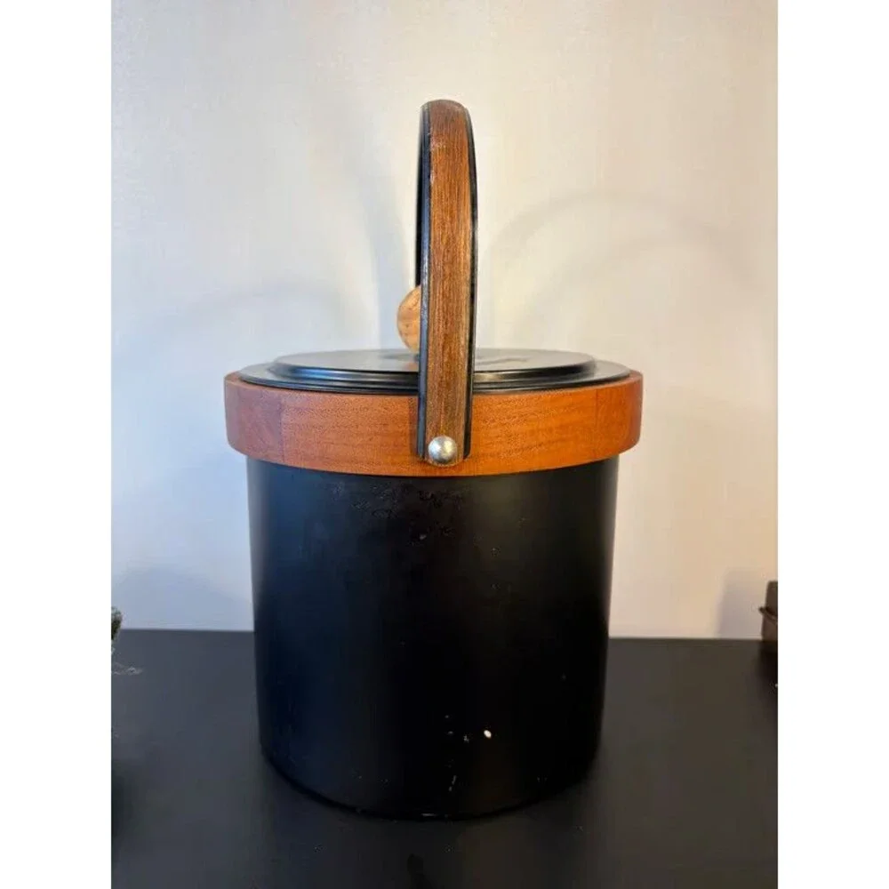 Mid Century Ice Bucket Black Body Teak Collar Swing Handle Cork Knob Barware